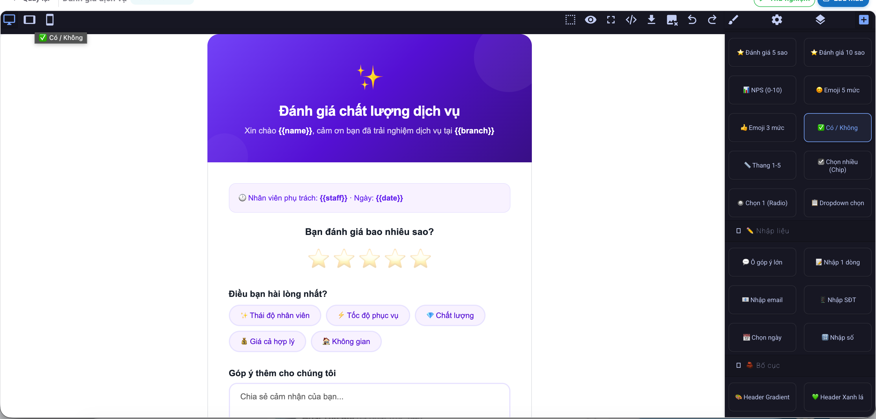 Editor khảo sát kéo thả
